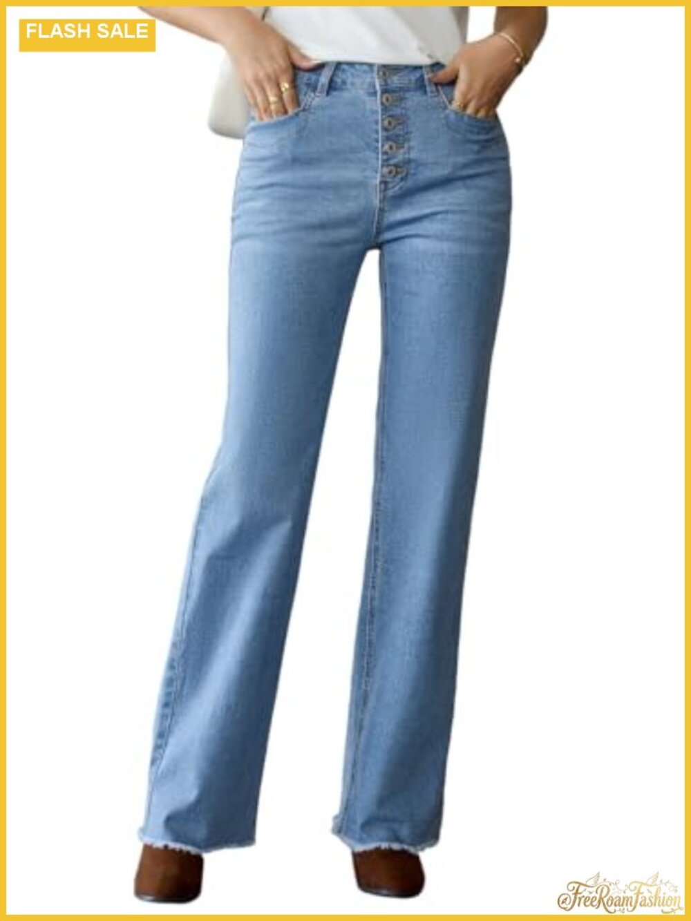 High Waisted Wide Leg Stretchy Jeans with Button Fly and Raw Hem